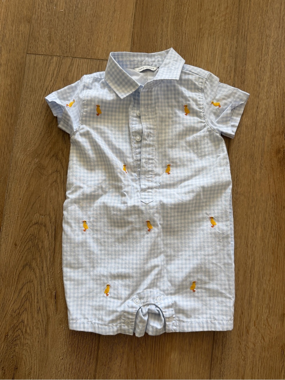 Janie and Jack Light Blue Gingham Short Sleeve One-Piece with Yellow Embroidery